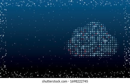 On the right is the cloud symbol filled with white dots. Abstract futuristic frame of white dots and circles. Some dots is red. Vector illustration on blue background with stars