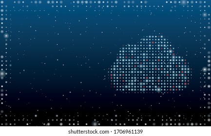 On the right is the cloud symbol filled with white dots. Abstract futuristic frame of white dots and circles. Some dots is red. Vector illustration on blue background with stars