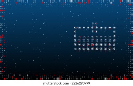 On the right is the cnc machine symbol filled with white dots. Pointillism style. Abstract futuristic frame of dots and circles. Some dots is red. Vector illustration on blue background with stars
