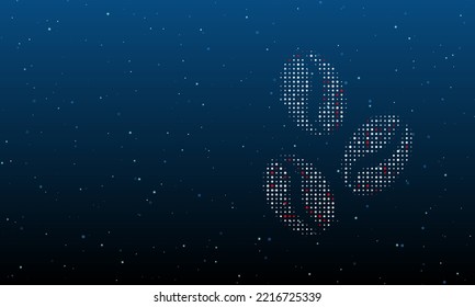 Rechts ist das Symbol für Kaffeebohnen, gefüllt mit weißen Punkten. Hintergrundmuster aus Punkten und Kreisen verschiedener Farben. Vektorgrafik auf blauem Hintergrund mit Sternen
