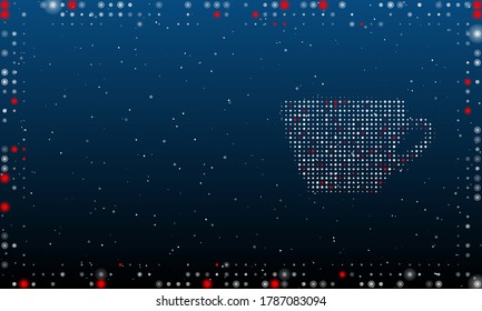 On the right is the coffee cup symbol filled with white dots. Abstract futuristic frame of dots and circles. Some dots is red. Vector illustration on blue background with stars