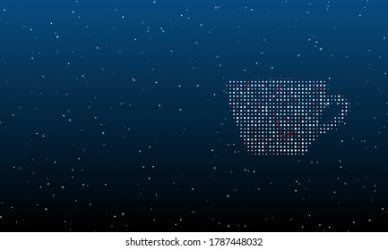On the right is the coffee cup symbol filled with white dots. Background pattern from dots and circles of different shades. Some dots is red. Vector illustration on blue background with stars