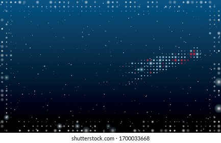 On the right is the comet symbol filled with white dots. Abstract futuristic frame of white dots and circles. Some dots is red. Vector illustration on blue background with stars