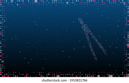 On the right is the compass divider symbol filled with white dots. Abstract futuristic frame of dots and circles. Vector illustration on blue background with stars