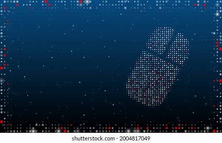 On the right is the computer mouse symbol filled with white dots. Pointillism style. Abstract futuristic frame of dots and circles. Some dots is red. Vector illustration on blue background with stars