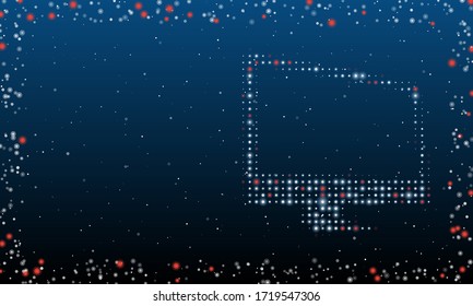A la derecha está el símbolo del ordenador lleno de puntos blancos. Dibujo futurista abstracto de puntos y círculos blancos. Algunos puntos son rojos. Ilustración vectorial sobre fondo azul con estrellas