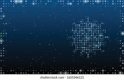 On the right is the coronavirus molecule filled with white dots. Abstract futuristic frame of white dots and circles. Some dots is green. Vector illustration on blue background with stars