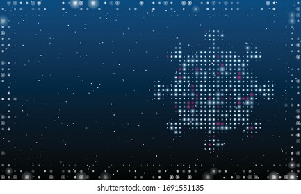 On the right is the coronavirus symbol filled with white dots. Abstract futuristic frame of white dots and circles. Some dots is pink. Vector illustration on blue background with stars