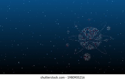 On the right is the cosmic symbol filled with white dots. Background pattern from dots and circles of different shades. Vector illustration on blue background with stars