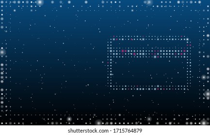 On the right is the credit card symbol filled with white dots. Abstract futuristic frame of white dots and circles. Some dots is pink. Vector illustration on blue background with stars
