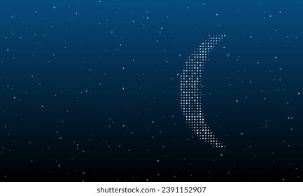 On the right is the crescent symbol filled with white dots. Background pattern from dots and circles of different shades. Vector illustration on blue background with stars