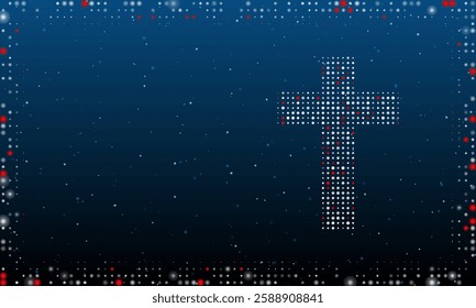 On the right is the cross symbol filled with white dots. Pointillism style. Abstract futuristic frame of dots and circles. Some dots is red. Vector illustration on blue background with stars