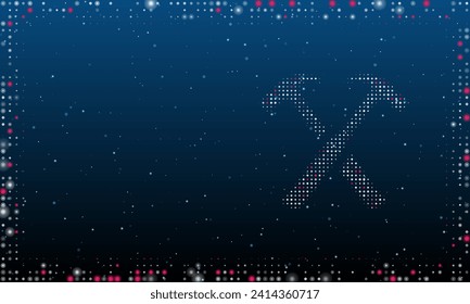 On the right is the crossed hammers symbol filled with white dots. Abstract futuristic frame of dots and circles. Vector illustration on blue background with stars