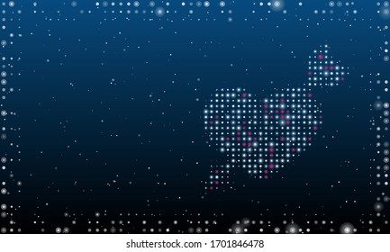 On the right is the cupid arrow symbol filled with white dots. Abstract futuristic frame of white dots and circles. Some dots is pink. Vector illustration on blue background with stars