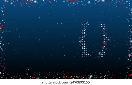 On the right is the curly brackets symbol filled with white dots. Pointillism style. Abstract futuristic frame of dots and circles. Some dots is red. Vector illustration on blue background with stars