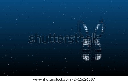 On the right is the cute hare head symbol filled with white dots. Background pattern from dots and circles of different shades. Vector illustration on blue background with stars
