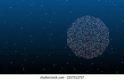 On the right is the decagon symbol filled with white dots. Background pattern from dots and circles of different shades. Vector illustration on blue background with stars