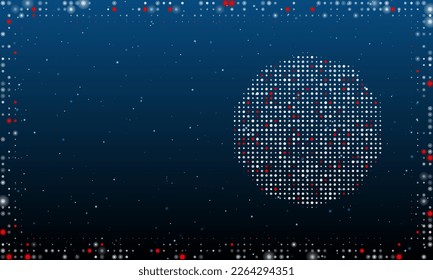 On the right is the decagon symbol filled with white dots. Pointillism style. Abstract futuristic frame of dots and circles. Some dots is red. Vector illustration on blue background with stars