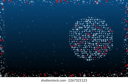 A la derecha está el símbolo del decagón, lleno de puntos blancos. Estilo de puntillismo. Resumen marco futurista de puntos y círculos. Algunos puntos son rojos. Ilustración vectorial sobre fondo azul con estrellas