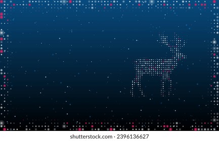 On the right is the deer symbol filled with white dots. Pointillism style. Abstract futuristic frame of dots and circles. Some dots is pink. Vector illustration on blue background with stars