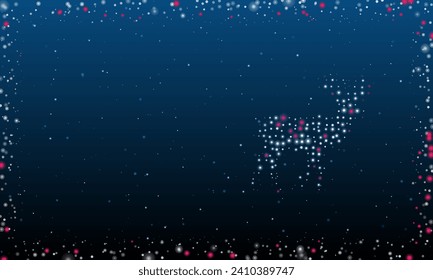 On the right is the deer symbol filled with white dots. Pointillism style. Abstract futuristic frame of dots and circles. Some dots is pink. Vector illustration on blue background with stars