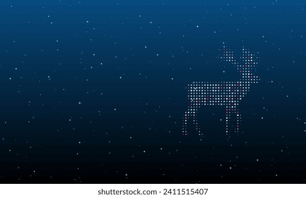 On the right is the deer symbol filled with white dots. Background pattern from dots and circles of different shades. Vector illustration on blue background with stars