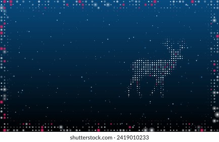 On the right is the deer symbol filled with white dots. Pointillism style. Abstract futuristic frame of dots and circles. Some dots is pink. Vector illustration on blue background with stars