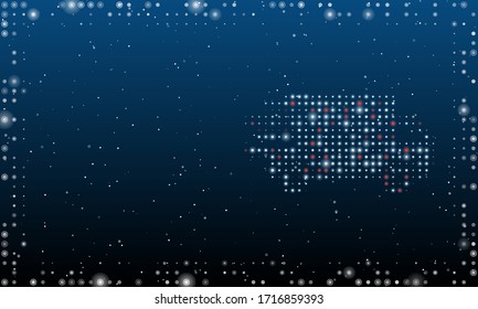 On the right is the delivery symbol filled with white dots. Abstract futuristic frame of white dots and circles. Some dots is red. Vector illustration on blue background with stars