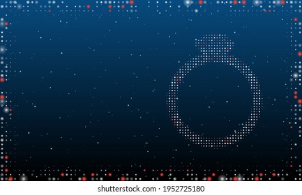 On the right is the diamond ring symbol filled with white dots. Pointillism style. Abstract futuristic frame of dots and circles. Some dots is red. Vector illustration on blue background with stars