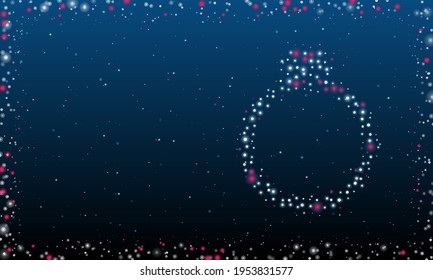 On the right is the diamond ring symbol filled with white dots. Pointillism style. Abstract futuristic frame of dots and circles. Some dots is pink. Vector illustration on blue background with stars