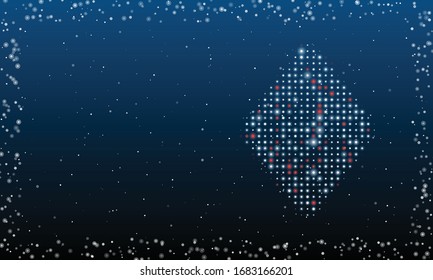 On the right is the diamond symbol filled with white dots. Abstract futuristic frame of white dots and circles. Some dots is red. Vector illustration on blue background with stars