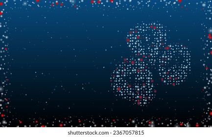 On the right is the divination stones symbol filled with white dots. Abstract futuristic frame of dots and circles. Vector illustration on blue background with stars