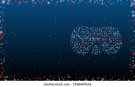 On the right is the diving goggles symbol filled with white dots. Pointillism style. Abstract futuristic frame of dots and circles. Some dots is red. Vector illustration on blue background with stars