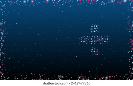 On the right is the division symbol filled with white dots. Pointillism style. Abstract futuristic frame of dots and circles. Some dots is pink. Vector illustration on blue background with stars