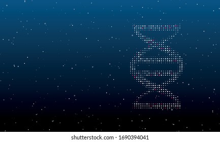 On the right is the dna symbol filled with white dots. Background pattern from white dots and circles of different shades. Some dots is pink. Vector illustration on blue background with stars