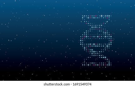 On the right is the dna symbol filled with white dots. Background pattern from white dots and circles of different shades. Some dots is pink. Vector illustration on blue background with stars