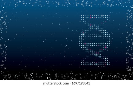 On the right is the dna symbol filled with white dots. Abstract futuristic frame of white dots and circles. Some dots is pink. Vector illustration on blue background with stars