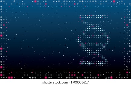 On the right is the dna symbol filled with white dots. Abstract futuristic frame of white dots and circles. Some dots is pink. Vector illustration on blue background with stars