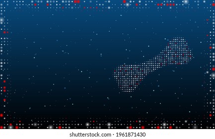 On the right is the dog bone symbol filled with white dots. Pointillism style. Abstract futuristic frame of dots and circles. Some dots is red. Vector illustration on blue background with stars