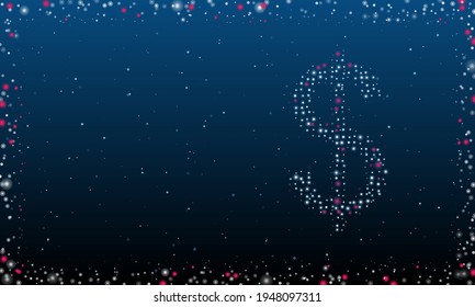A la derecha está el símbolo del dólar relleno de puntos blancos. Estilo de puntillismo. Resumen marco futurista de puntos y círculos. Algunos puntos son rosas. Ilustración vectorial sobre fondo azul con estrellas