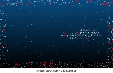 On the right is the dolphin symbol filled with white dots. Abstract futuristic frame of dots and circles. Some dots is red. Vector illustration on blue background with stars