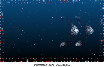 A la derecha está el símbolo de doble flecha con puntos blancos. Estilo de puntillismo. Resumen marco futurista de puntos y círculos. Algunos puntos son rojos. Ilustración vectorial sobre fondo azul con estrellas