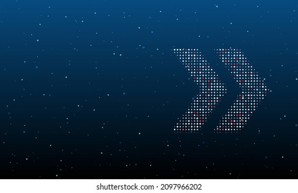 On the right is the double arrow symbol filled with white dots. Background pattern from dots and circles of different shades. Vector illustration on blue background with stars
