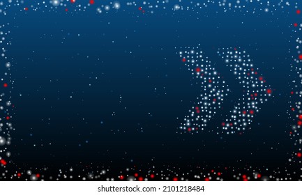 A la derecha está el símbolo de doble flecha con puntos blancos. Estilo de puntillismo. Resumen marco futurista de puntos y círculos. Algunos puntos son rojos. Ilustración vectorial sobre fondo azul con estrellas