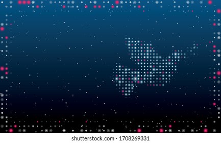 On the right is the dove of peace symbol filled with white dots. Abstract futuristic frame of white dots and circles. Some dots is pink. Vector illustration on blue background with stars