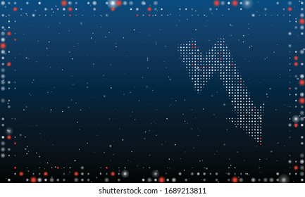 A la derecha - una flecha abajo llena de puntos blancos. Dibujo futurista abstracto de puntos y círculos blancos. Algunos puntos son rojos. Ilustración vectorial sobre fondo azul con estrellas
