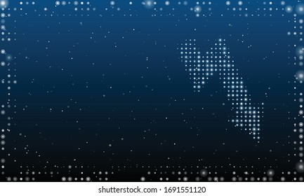 On the right - a down arrow filled with white dots. Abstract futuristic frame of white dots and circles. Vector illustration on blue background with stars