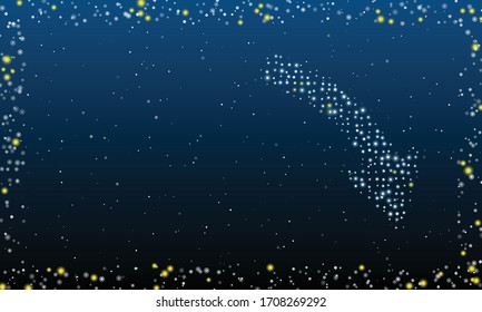 On the right - a down arrow filled with white dots. Abstract futuristic frame of white dots and circles. Some dots is yellow. Vector illustration on blue background with stars