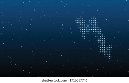 On the right - a down arrow filled with white dots. Background pattern from white dots and circles of different shades. Vector illustration on blue background with stars
