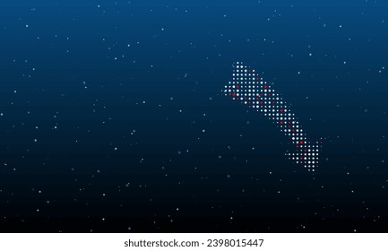 On the right is the down arrow symbol filled with white dots. Background pattern from dots and circles of different shades. Vector illustration on blue background with stars